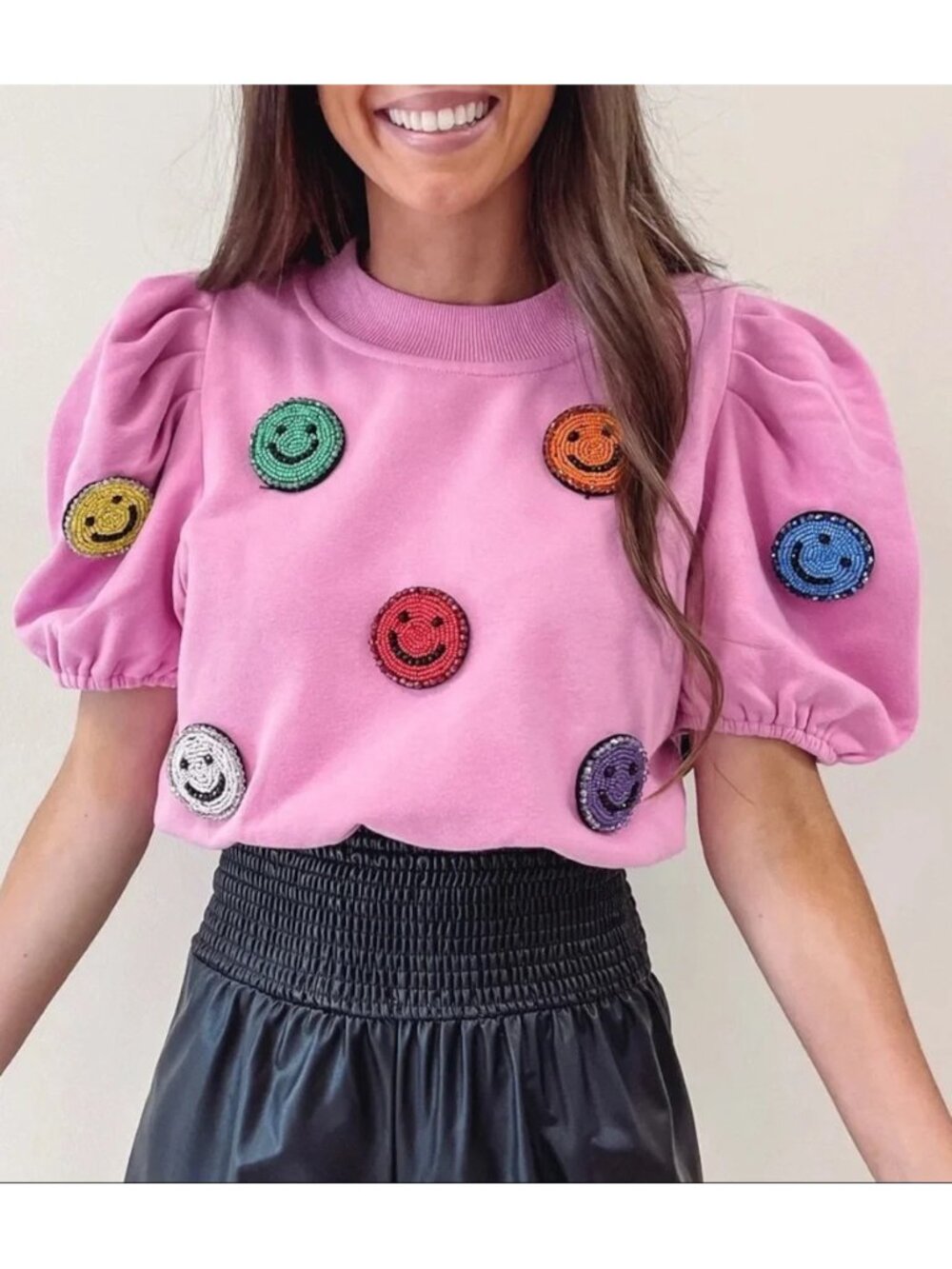Queen of Sparkles pink 3D beaded smiley face puff sleeve crop top
